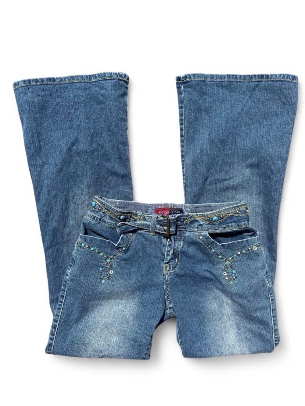 Y2k Blue Turquoise and Rhinestone Embellished Women's Low-Rise Bootcut Jeans